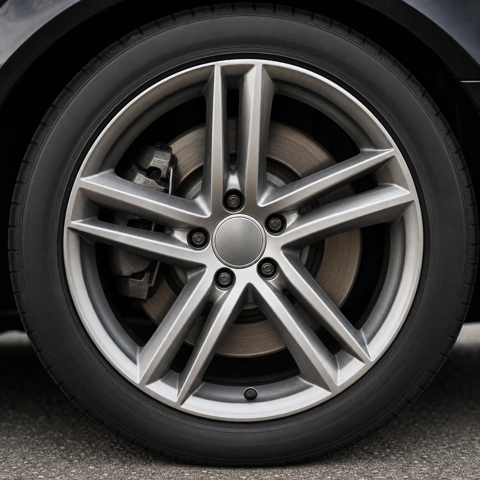 Close-up of a silver five-double-spoke alloy wheel with a black tire, showing the brake disc and caliper behind the spokes, on pavement.