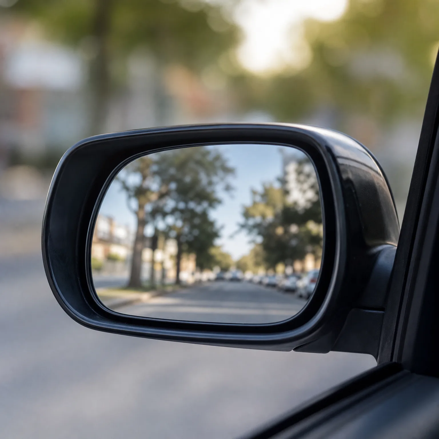 Close-up of a car's black side mirror reflecting a tree-lined street with parked cars, with blurred greenery in the background.