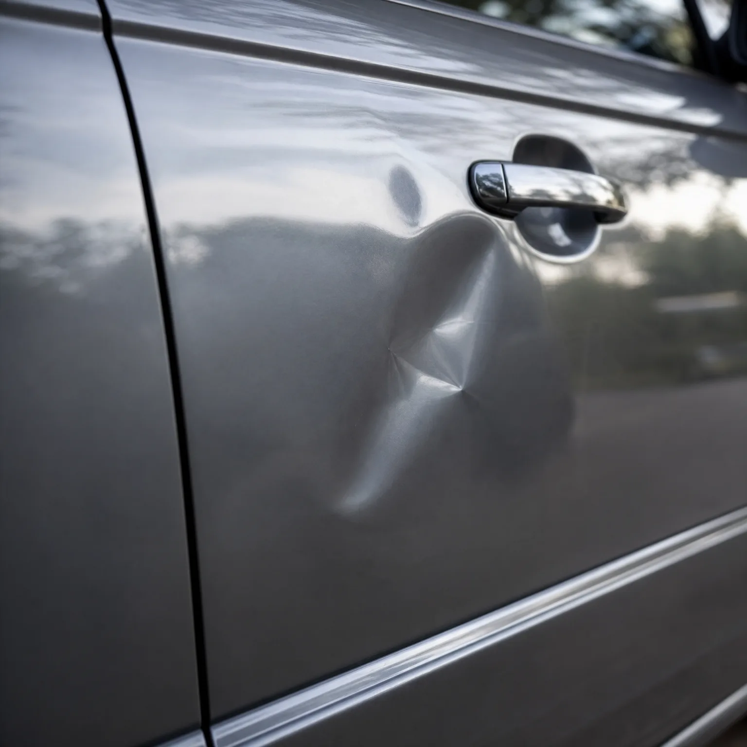 Close-up of a gray car's side door showing a large dent in the panel ahead of the chrome door handle, with trees reflected in the paint.