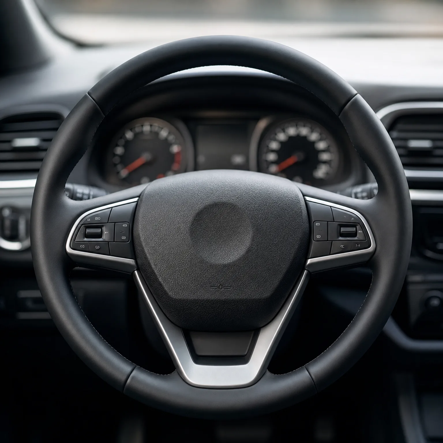 Close-up of a black car steering wheel with silver-trimmed control buttons on both spokes, with blurred instrument dials and dashboard vents behind it.