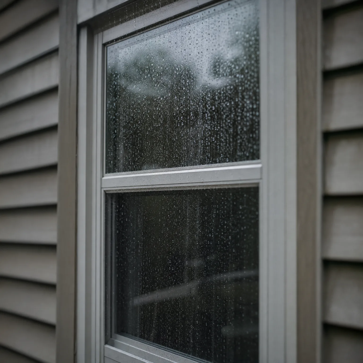 Close-up of a double-hung window with rain droplets on the glass, set in a gray-framed wall with horizontal lap siding.