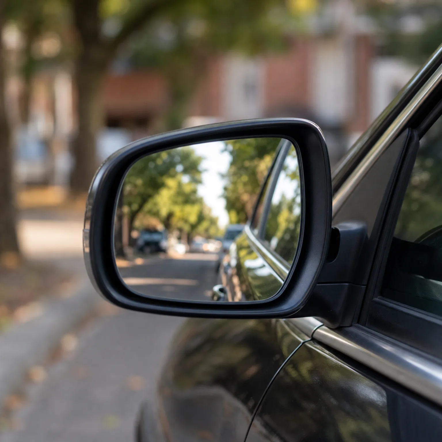 Close-up of a car's black side mirror reflecting a tree-lined street with parked cars, with a blurred brick building in the background.