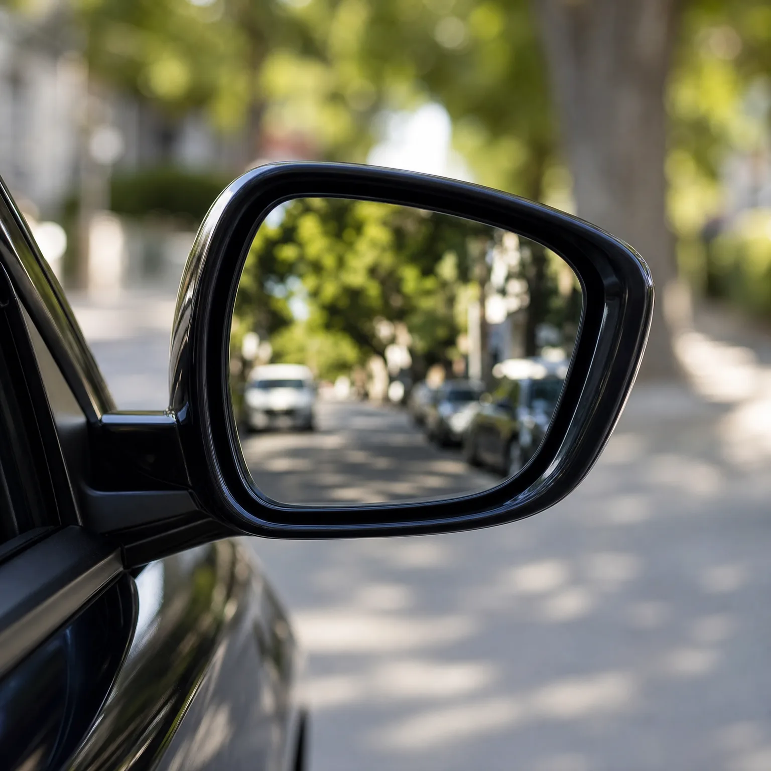 Close-up of a car's black side mirror reflecting a tree-lined street with parked cars, with a blurred sunlit road and foliage in the background.