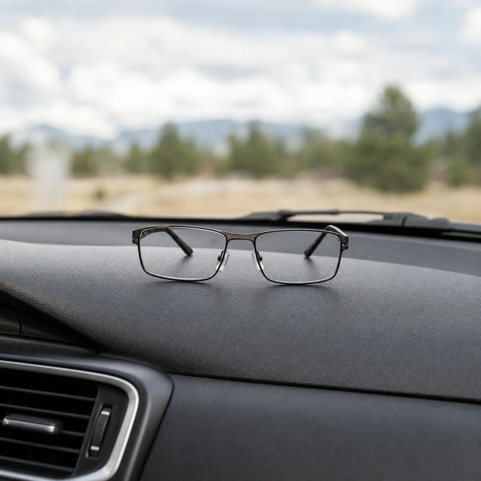 A pair of rectangular metal-framed eyeglasses resting on a dark car dashboard, with a blurred view of dry grassland, evergreen trees and distant hills through the windshield.