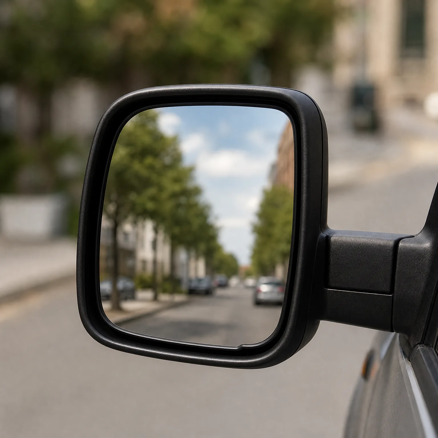 Close-up of a black car side mirror reflecting a tree-lined street with parked cars and buildings, with a blurred road in the background.