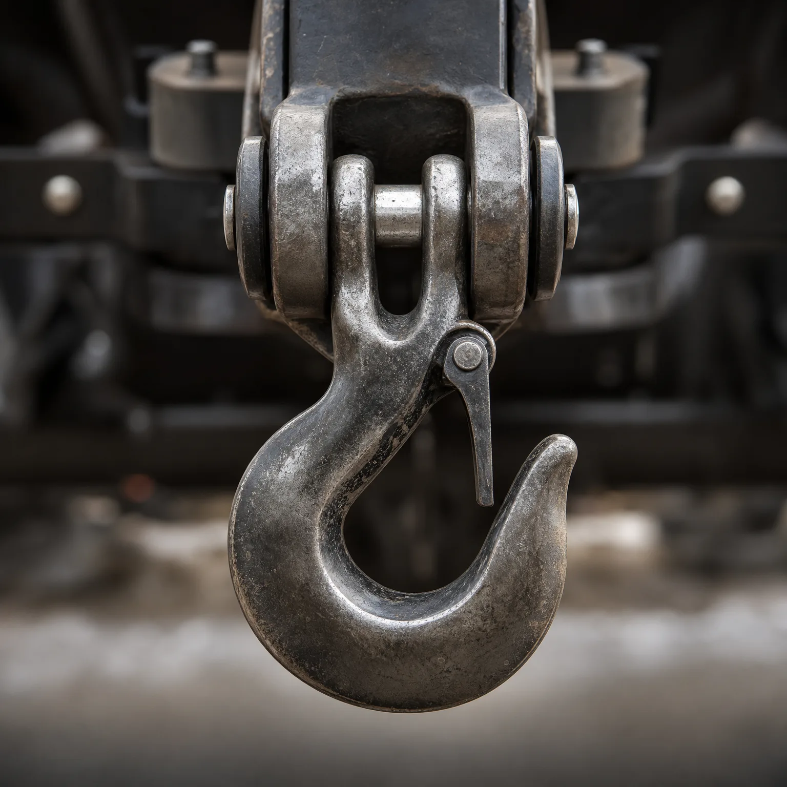 Close-up of a worn steel lifting hook with a safety latch, suspended from a shackle and pulley block, against a blurred dark machinery background.