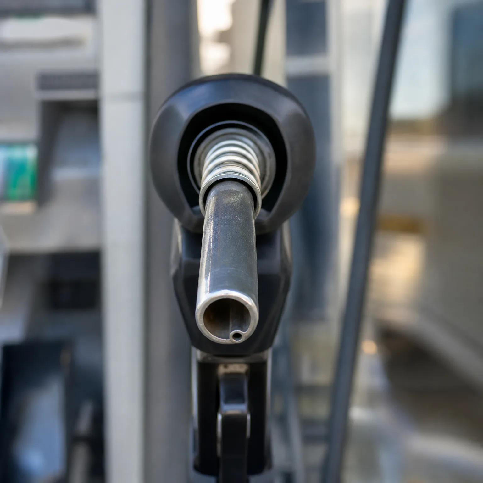 Close-up of a black fuel nozzle with a metal spout pointing toward the camera, with a blurred fuel pump and background behind it.
