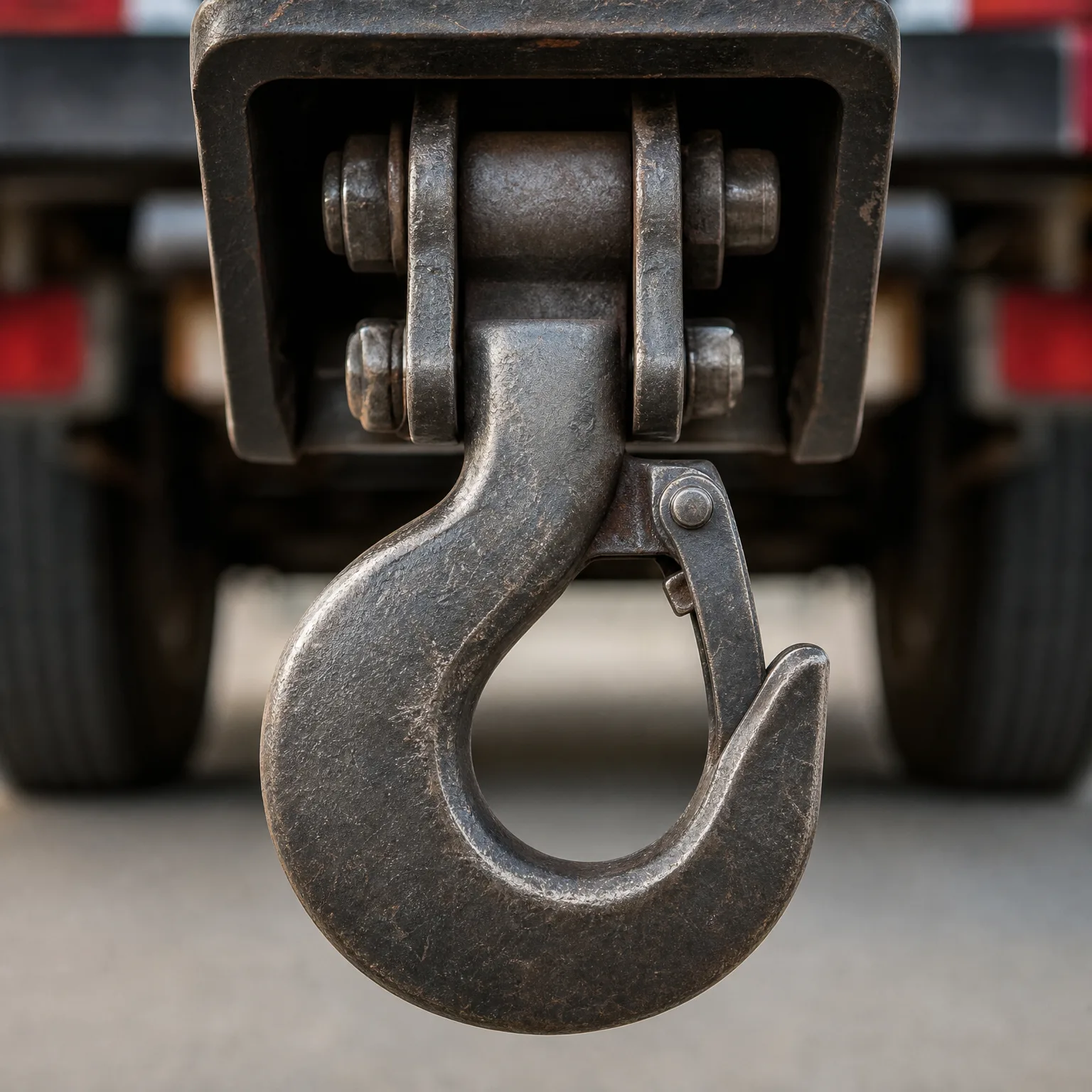 Close-up of a worn steel lifting hook with safety latch hanging from a bolted block, with a blurred red vehicle and tire in the background.