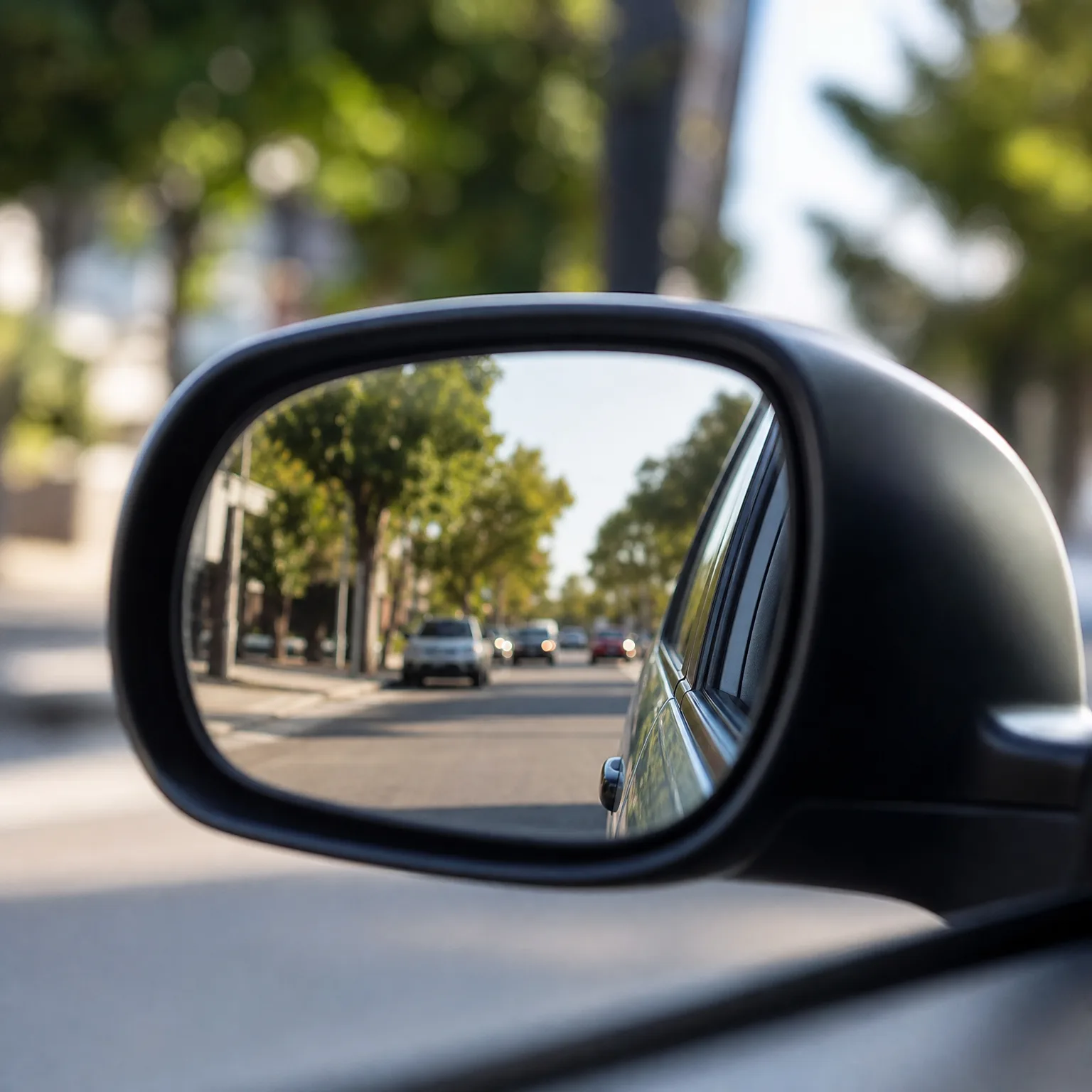 Close-up of a car's side mirror reflecting a tree-lined street with parked and oncoming cars, with blurred foliage in the background.