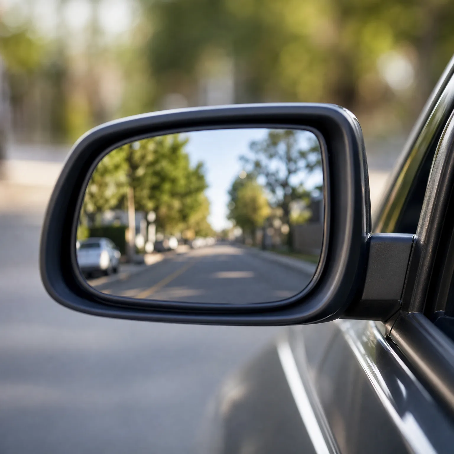 Close-up of a car's side mirror reflecting a tree-lined street with parked cars, with the vehicle's body and window frame visible at right.