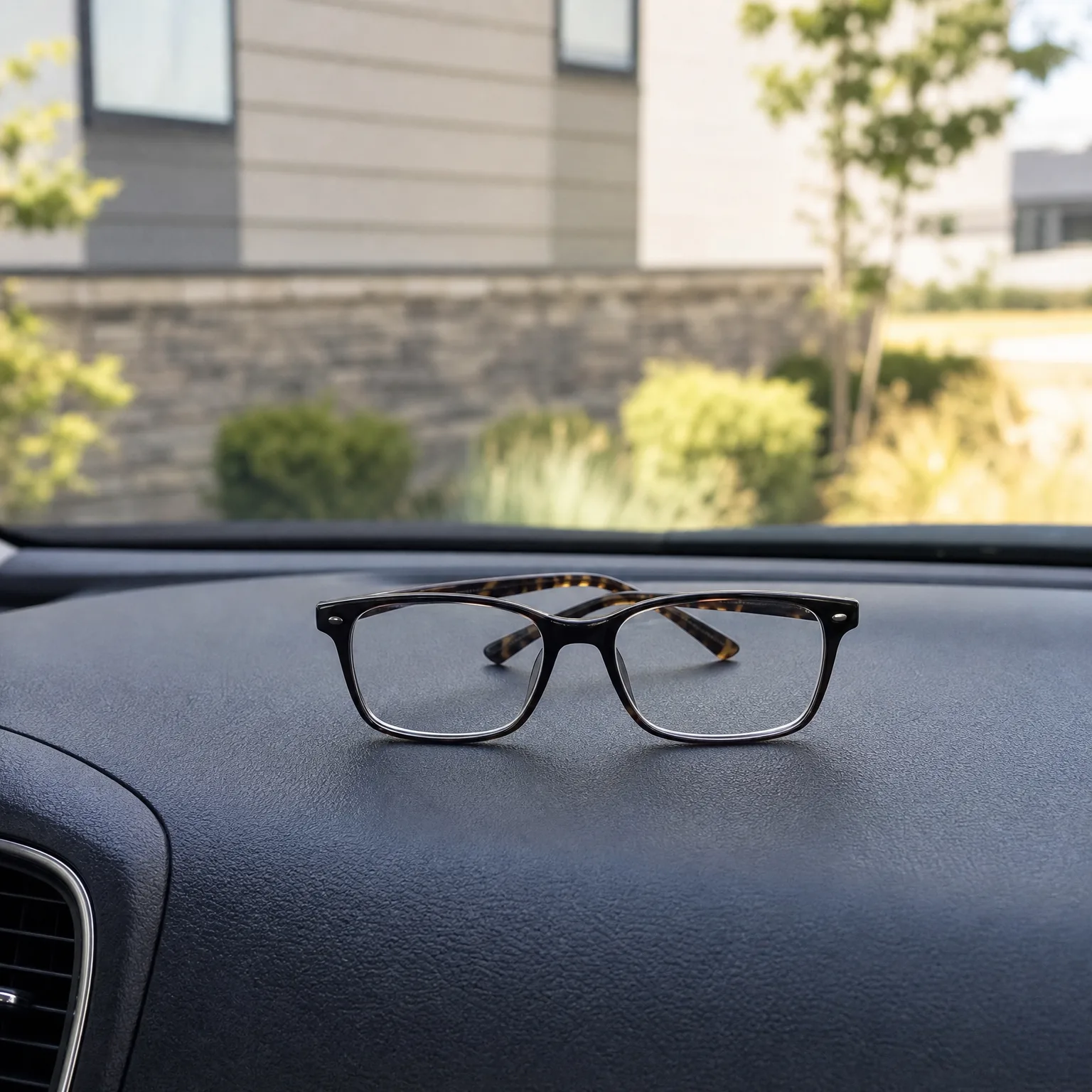 A pair of eyeglasses with dark tortoiseshell frames rests on a car's black dashboard, with a blurred house, stone wall, shrubs and trees seen through the windshield.