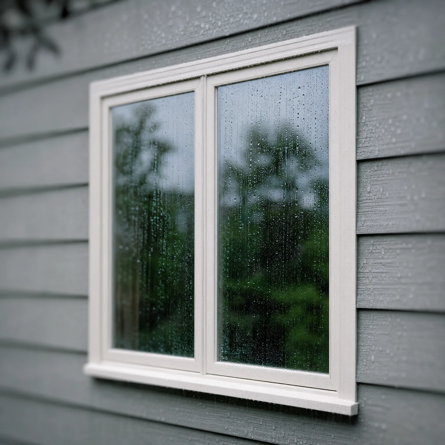 A white-framed double-pane window set in gray horizontal lap siding, its glass covered with rain droplets and reflecting blurred green trees.