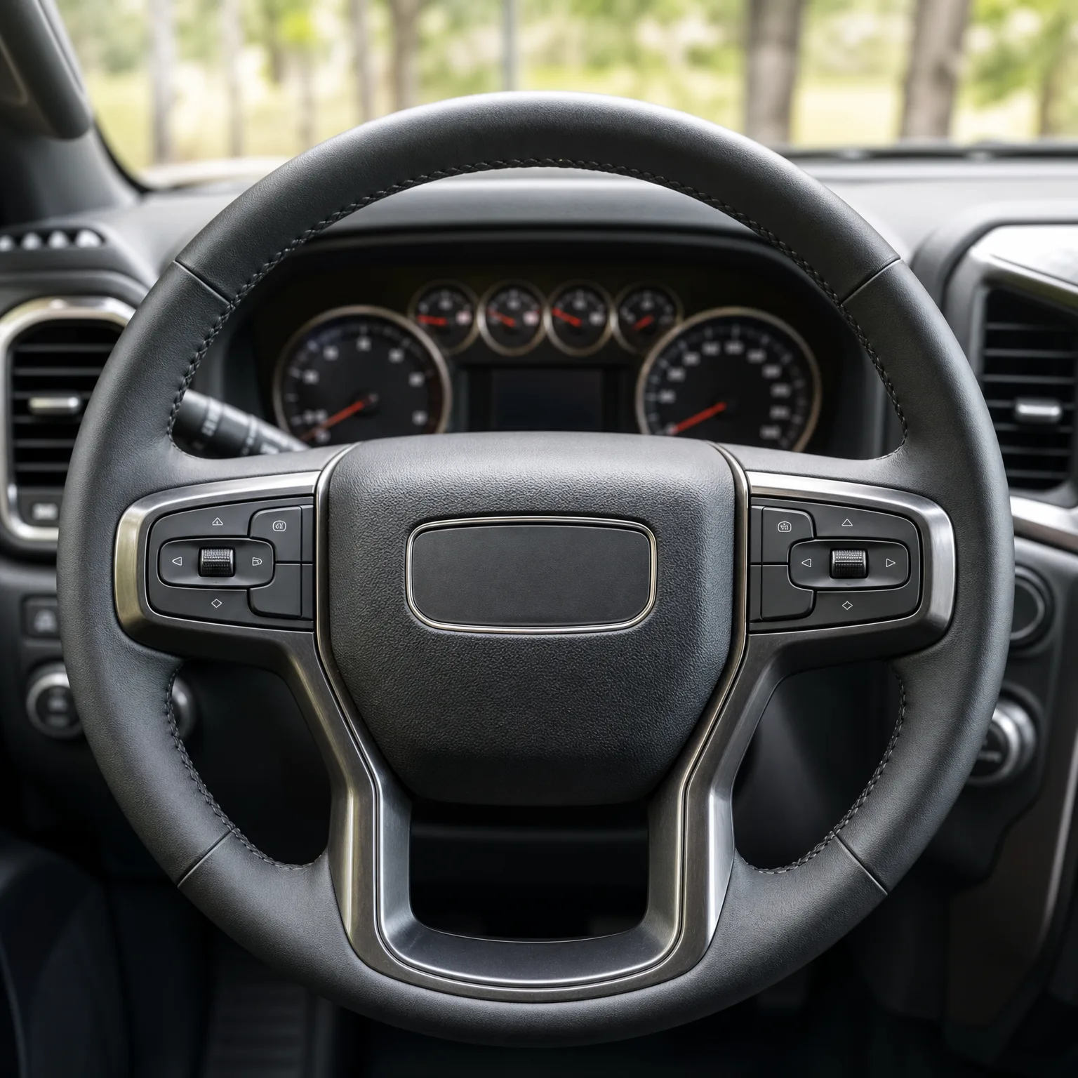 Close-up view of a black leather steering wheel with thumb control buttons on both spokes, in front of an instrument cluster with round gauges, with green trees visible through the windshield.