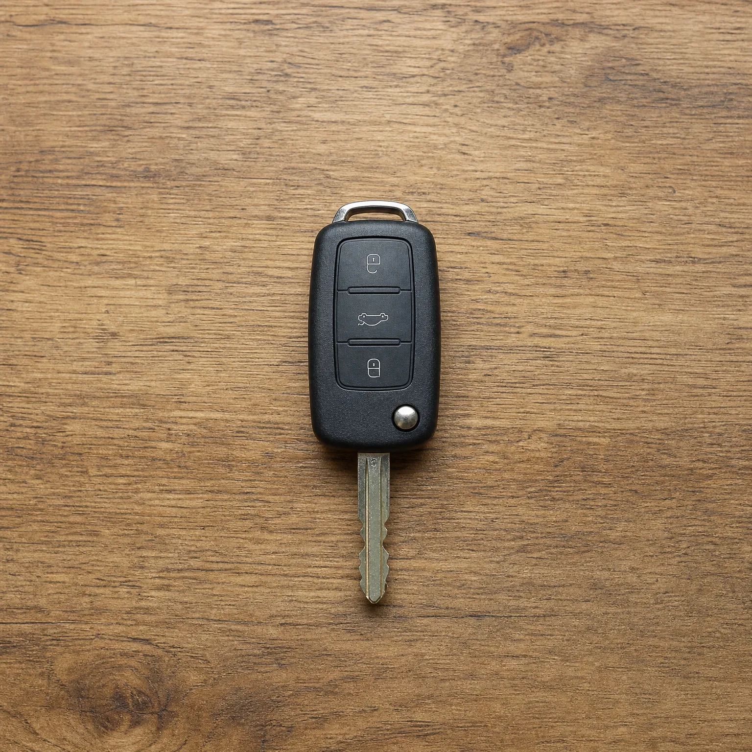 A black three-button flip car key with an extended metal blade lying on a wooden surface.