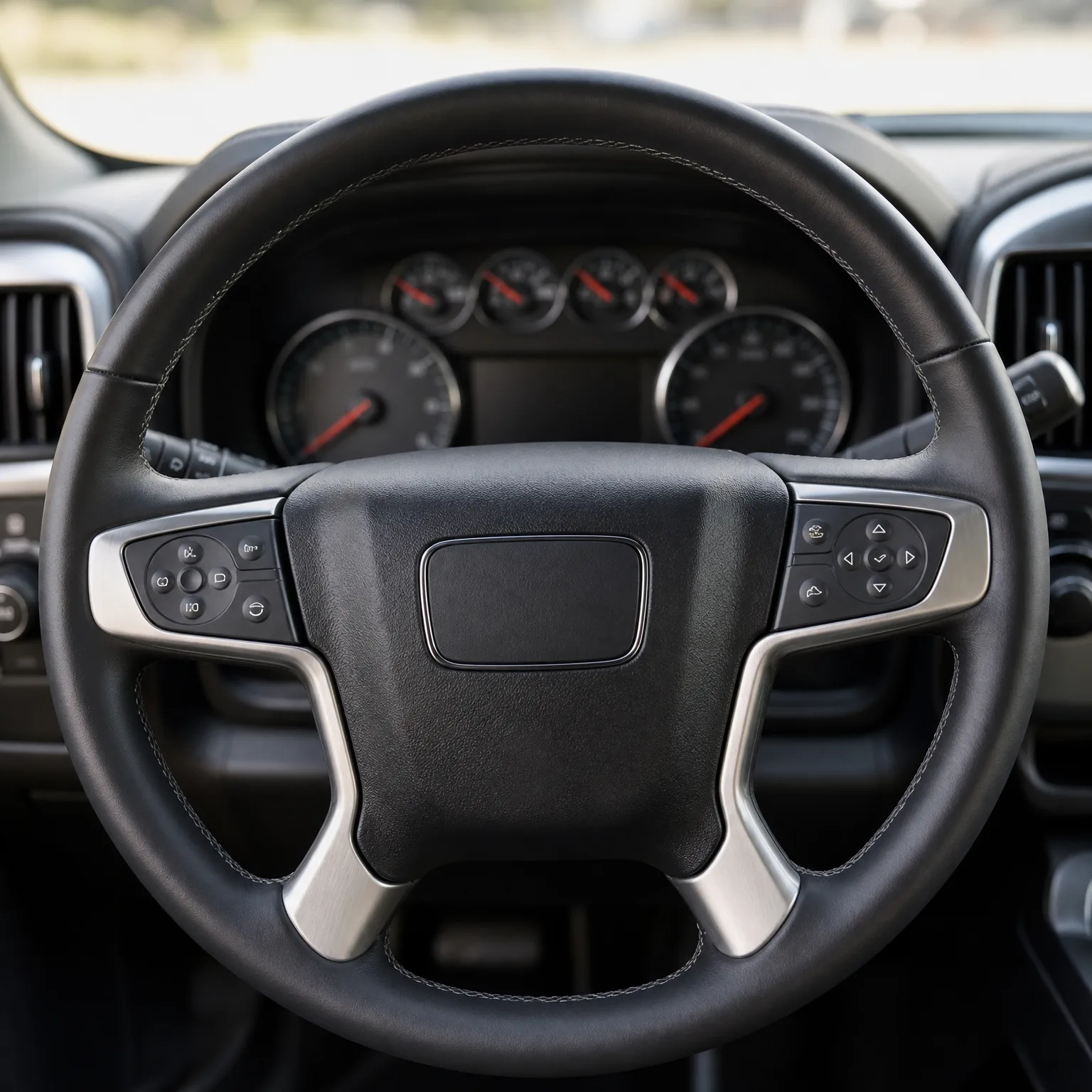 Interior view of a black leather steering wheel with chrome-trimmed control buttons on both spokes, in front of an instrument cluster with round gauges.