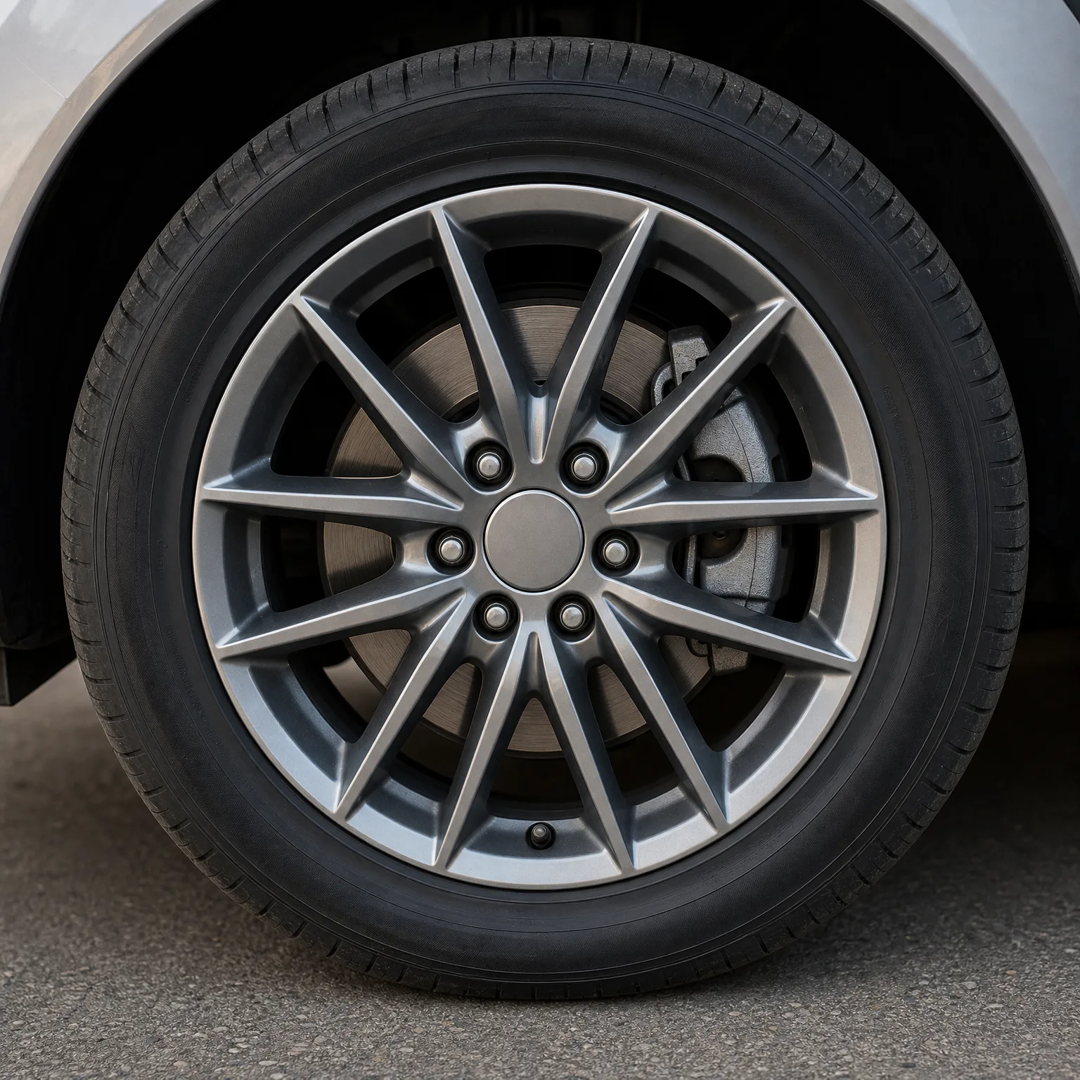 Close-up of a car wheel with a multi-spoke silver alloy rim and black tire, with a brake disc and caliper visible behind the spokes, parked on asphalt.