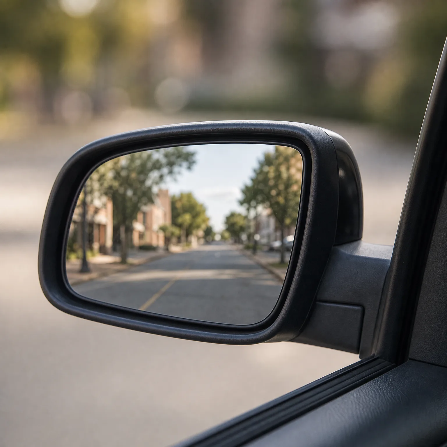 Close-up of a car's black side mirror reflecting a tree-lined street with brick buildings, with the blurred road and foliage in the background.