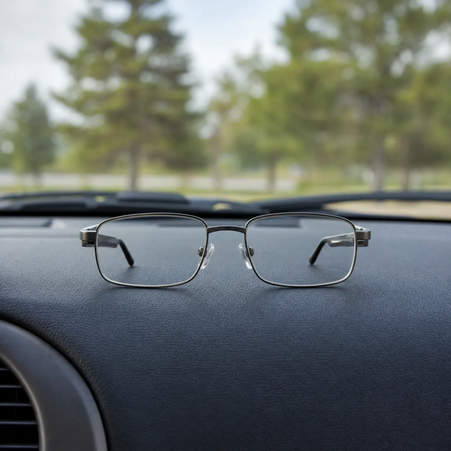 A pair of thin metal-framed eyeglasses resting on a dark car dashboard, with blurred trees and grass visible through the windshield.