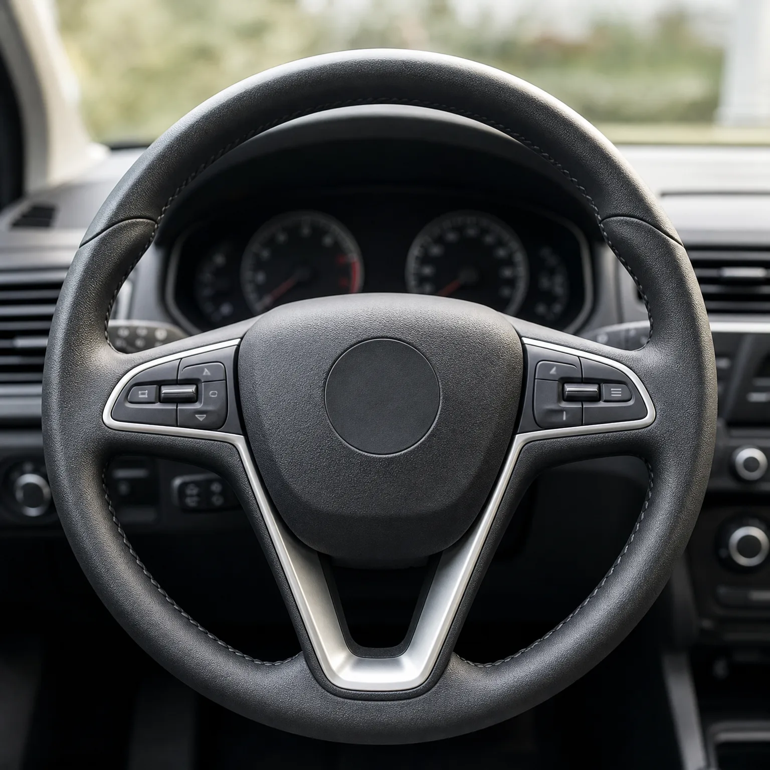 Close-up of a black leather three-spoke car steering wheel with silver trim and control buttons, with the instrument cluster and dashboard blurred behind it.