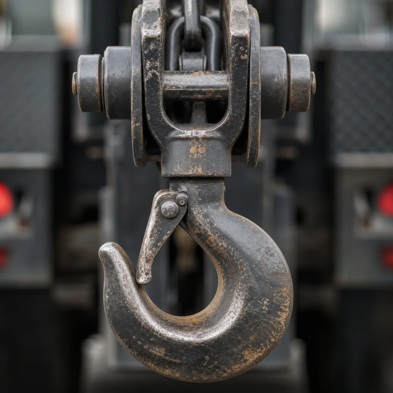 Close-up of a worn steel crane hook with safety latch and chain-connected block, against a blurred background of dark machinery.
