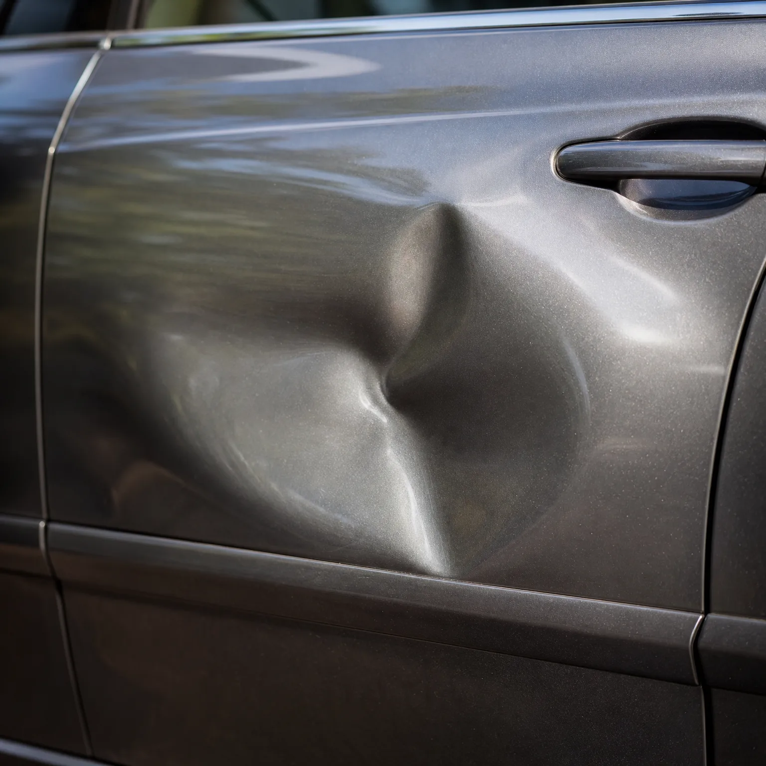 Close-up of a large dent and crease in the gray metallic front door panel of a car, with the door handle visible at upper right.
