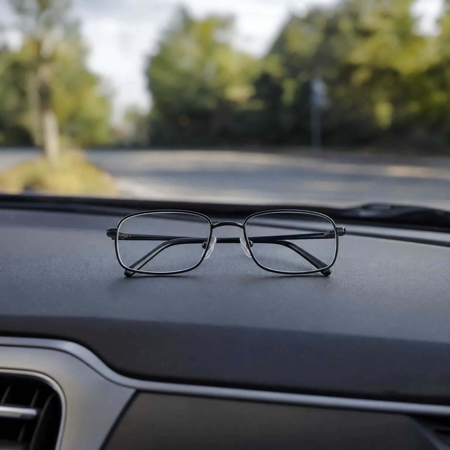 A pair of folded dark metal-rimmed eyeglasses resting on a car dashboard, with a blurred road and green trees visible through the windshield.