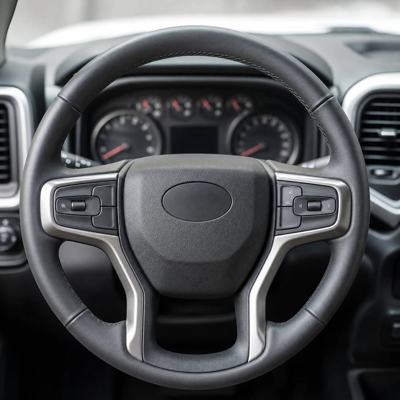 Close-up of a black leather steering wheel with silver trim and control buttons on both spokes, with a blurred instrument cluster and dashboard vents behind it.
