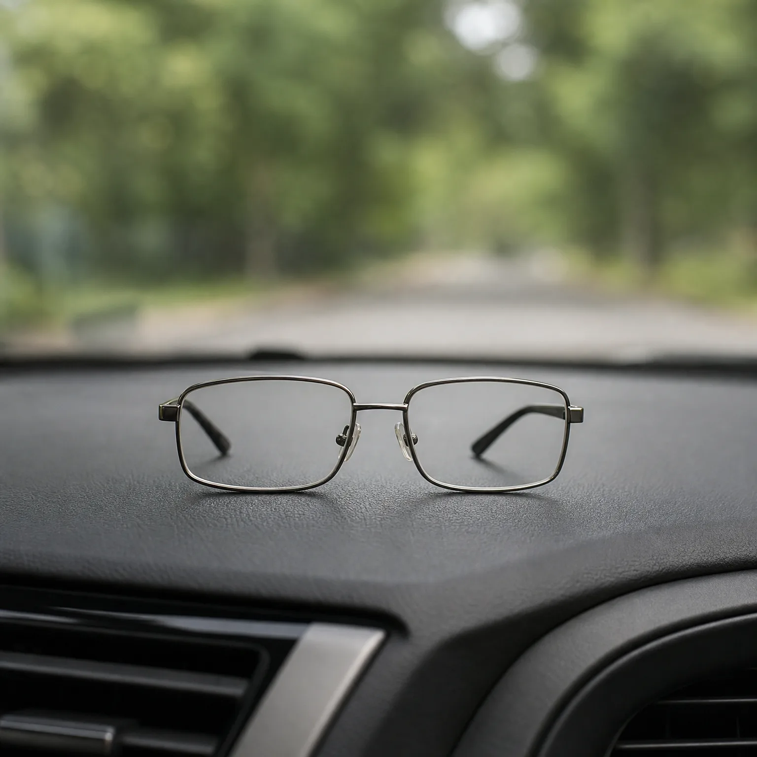 A pair of thin metal-framed eyeglasses rests on a dark car dashboard, with a blurred tree-lined road visible through the windshield.