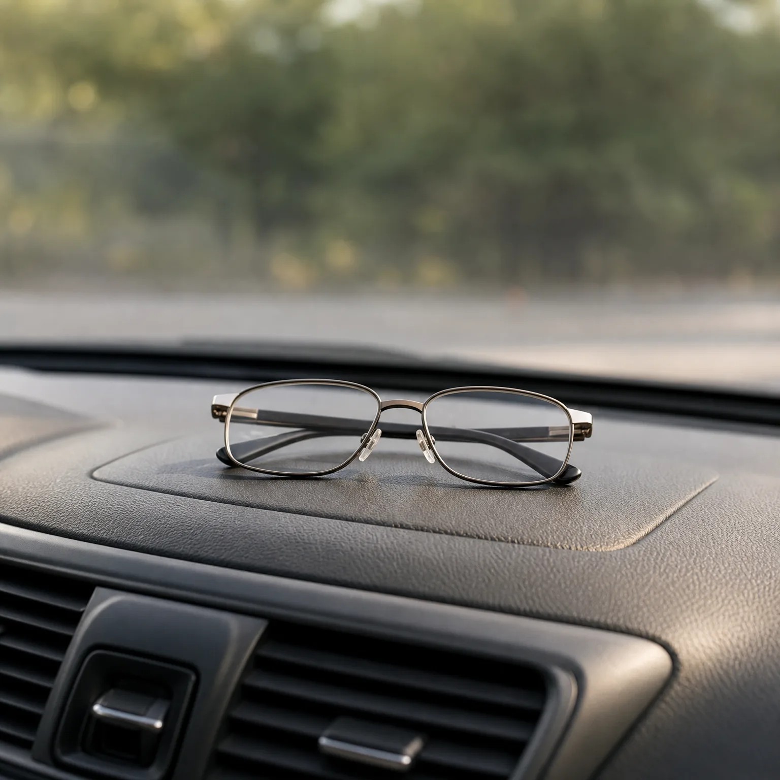 A pair of metal-framed eyeglasses resting on a car dashboard, with air vents below and blurred green trees seen through the windshield.