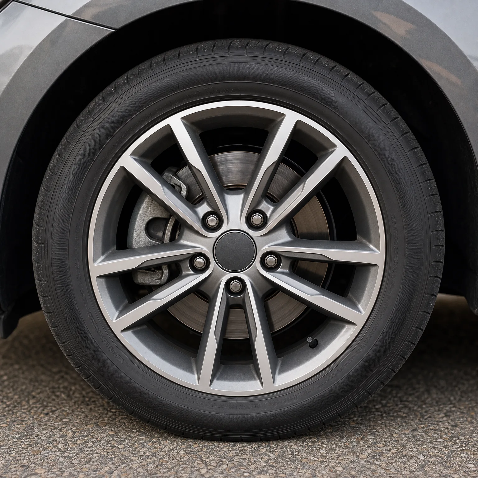 Close-up of a car's front wheel with a silver multi-spoke alloy rim and black tire, showing the brake disc and caliper behind the spokes, with gray bodywork above and gravel pavement below.