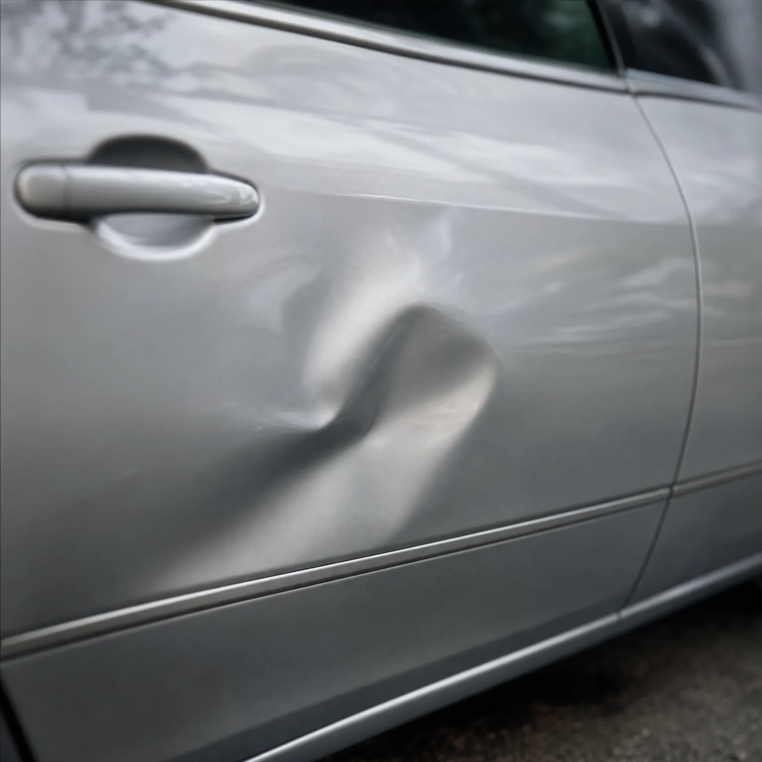 Close-up of a silver car's side door showing a large dent and crease below the door handle, with pavement visible at lower right.