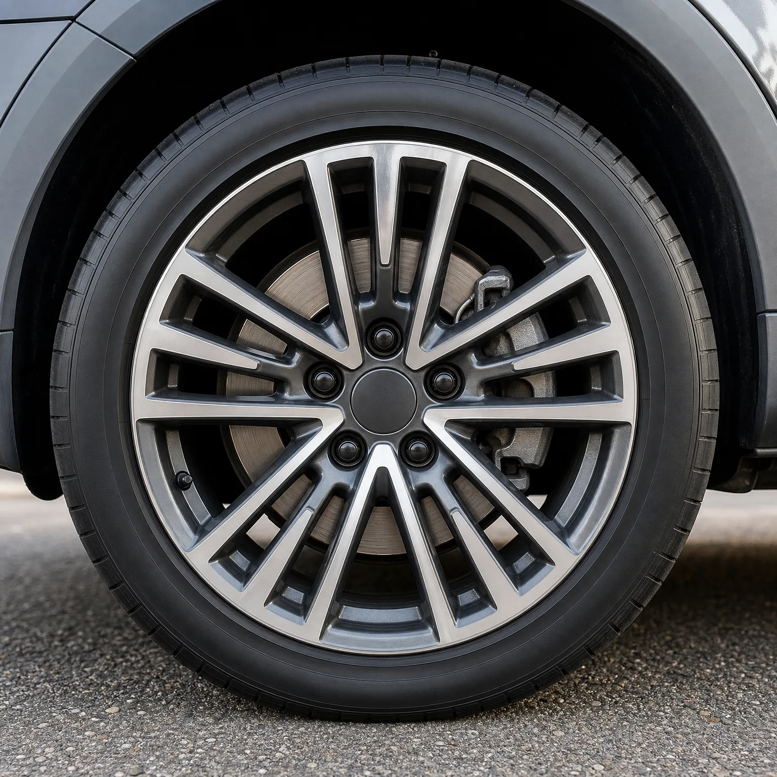 Close-up of a car's front wheel with a multi-spoke machined-face alloy rim and black tire, with the brake disc and caliper visible behind the spokes, parked on asphalt.