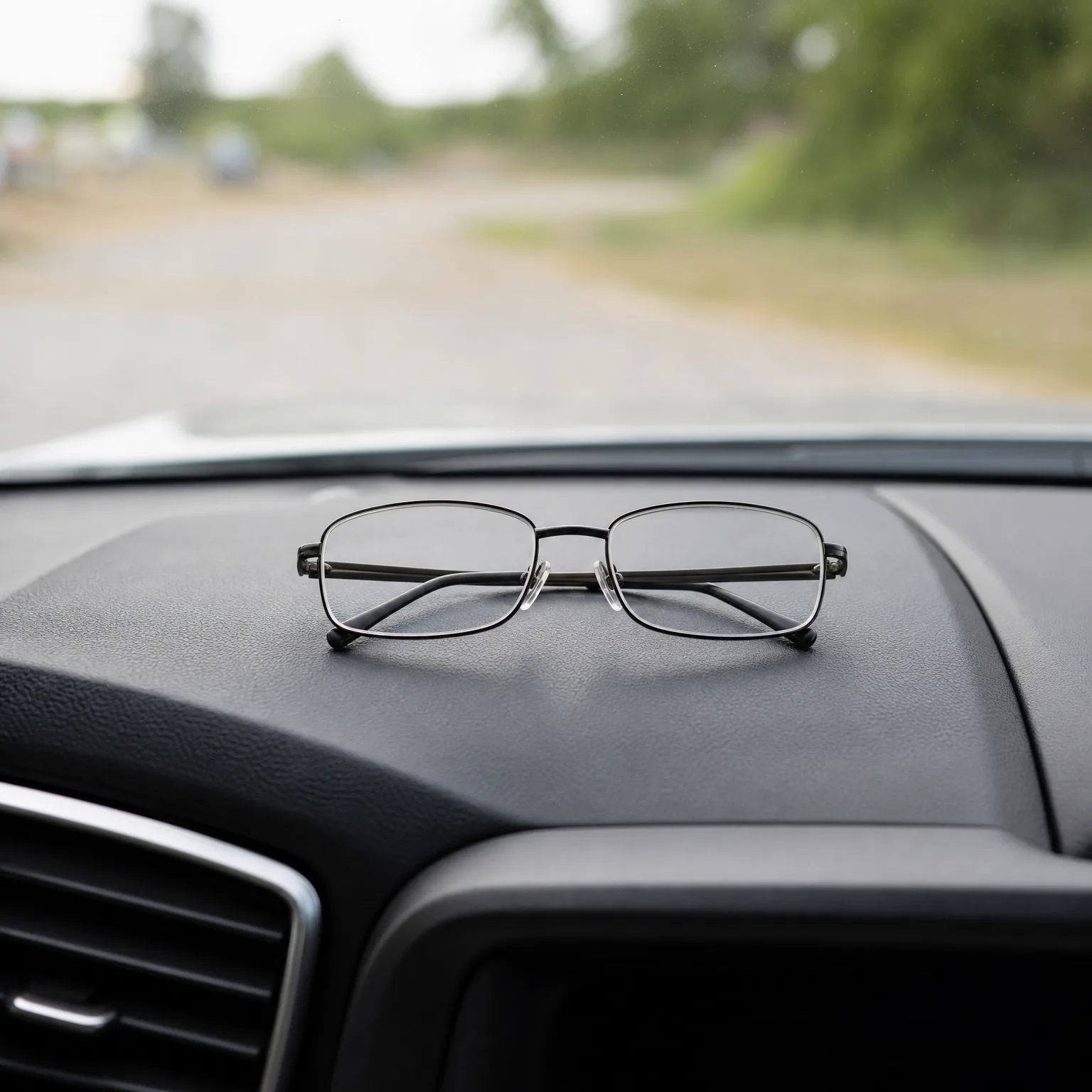 A pair of folded metal-framed eyeglasses resting on a dark car dashboard, with a blurred unpaved road and green trees visible through the windshield.
