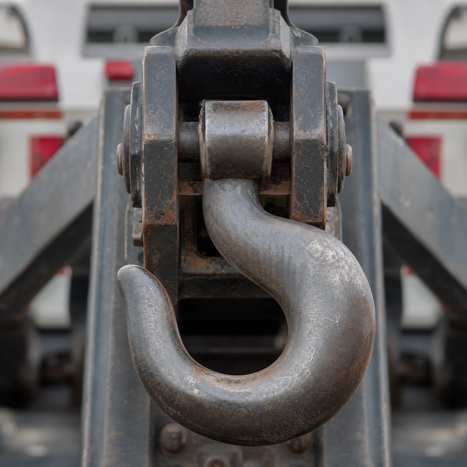 Close-up of a large worn steel lifting hook hanging from a pinned metal block, with blurred vehicle or machinery structures in the background.