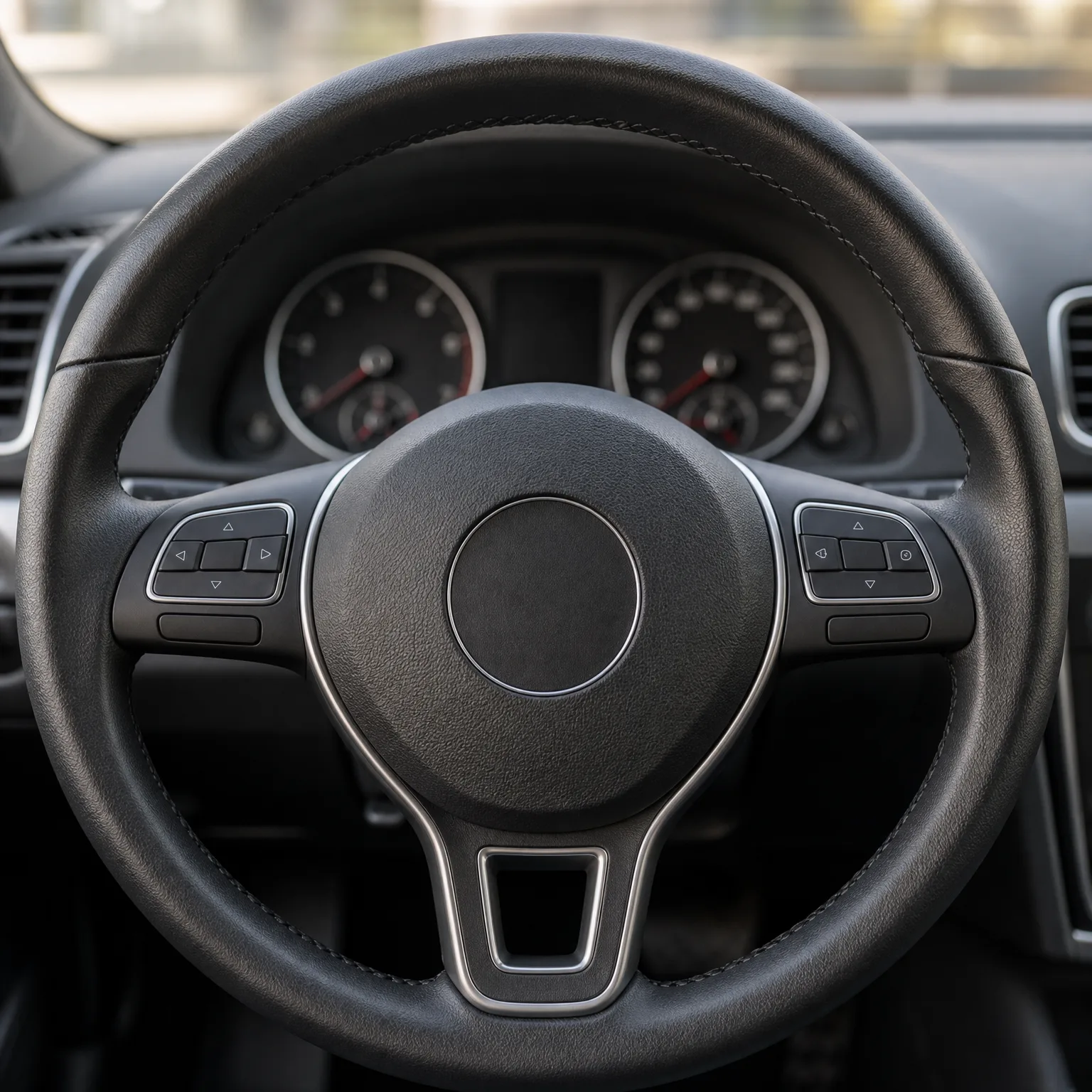 Close-up of a black leather-wrapped car steering wheel with chrome-trimmed control buttons on both spokes, with two blurred instrument gauges and dashboard vents behind it.