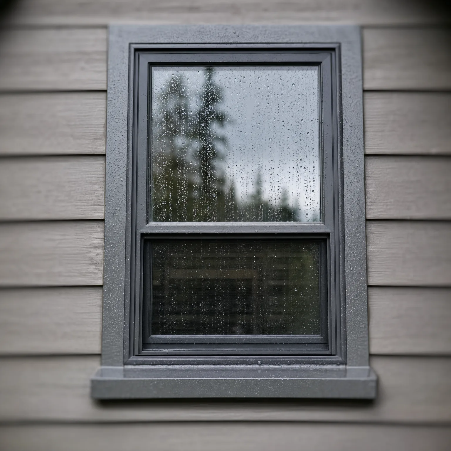 A gray-framed double-hung window with water droplets on the glass, set in horizontal lap siding, with blurred conifer trees reflected in the upper pane.