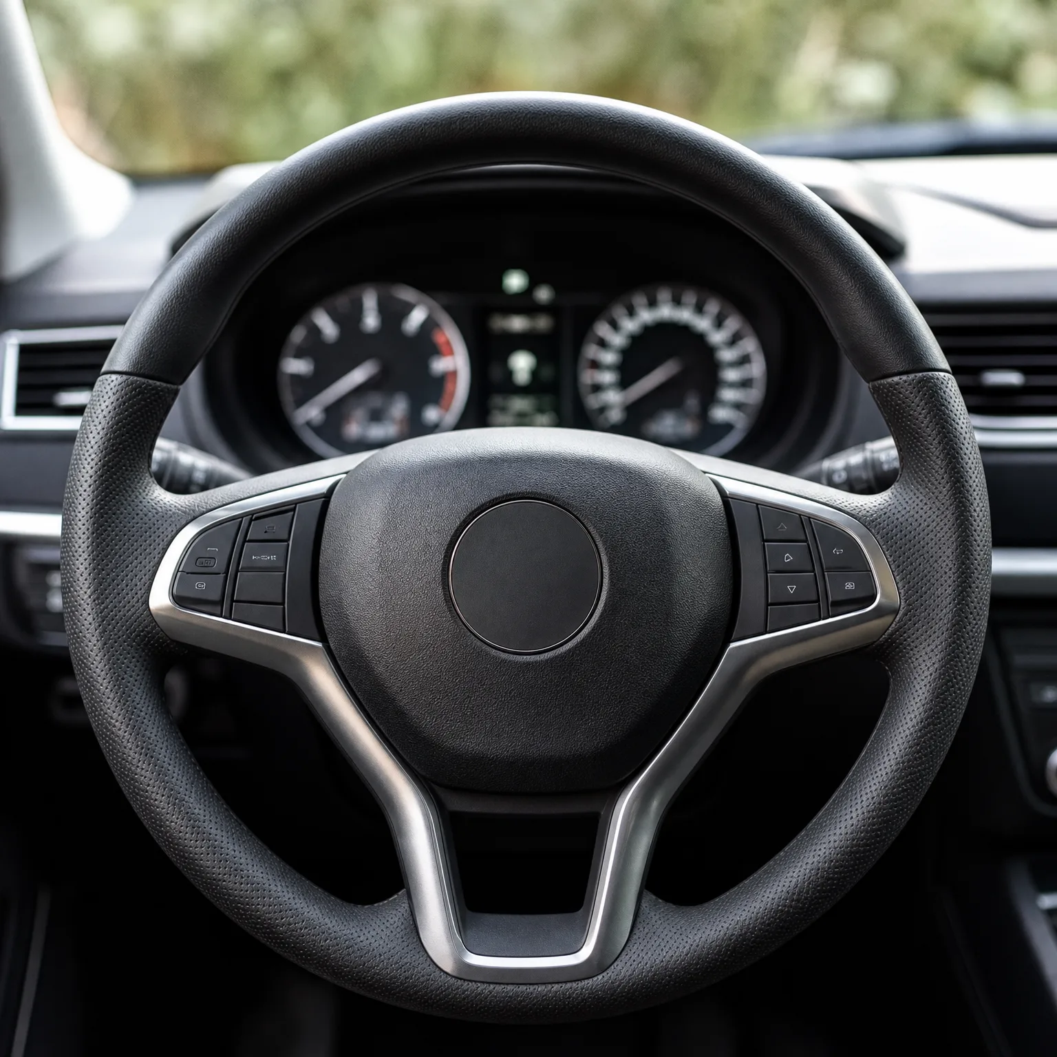 Close-up of a black three-spoke car steering wheel with silver trim and control buttons, with the instrument cluster gauges visible behind it and blurred green foliage through the windshield.