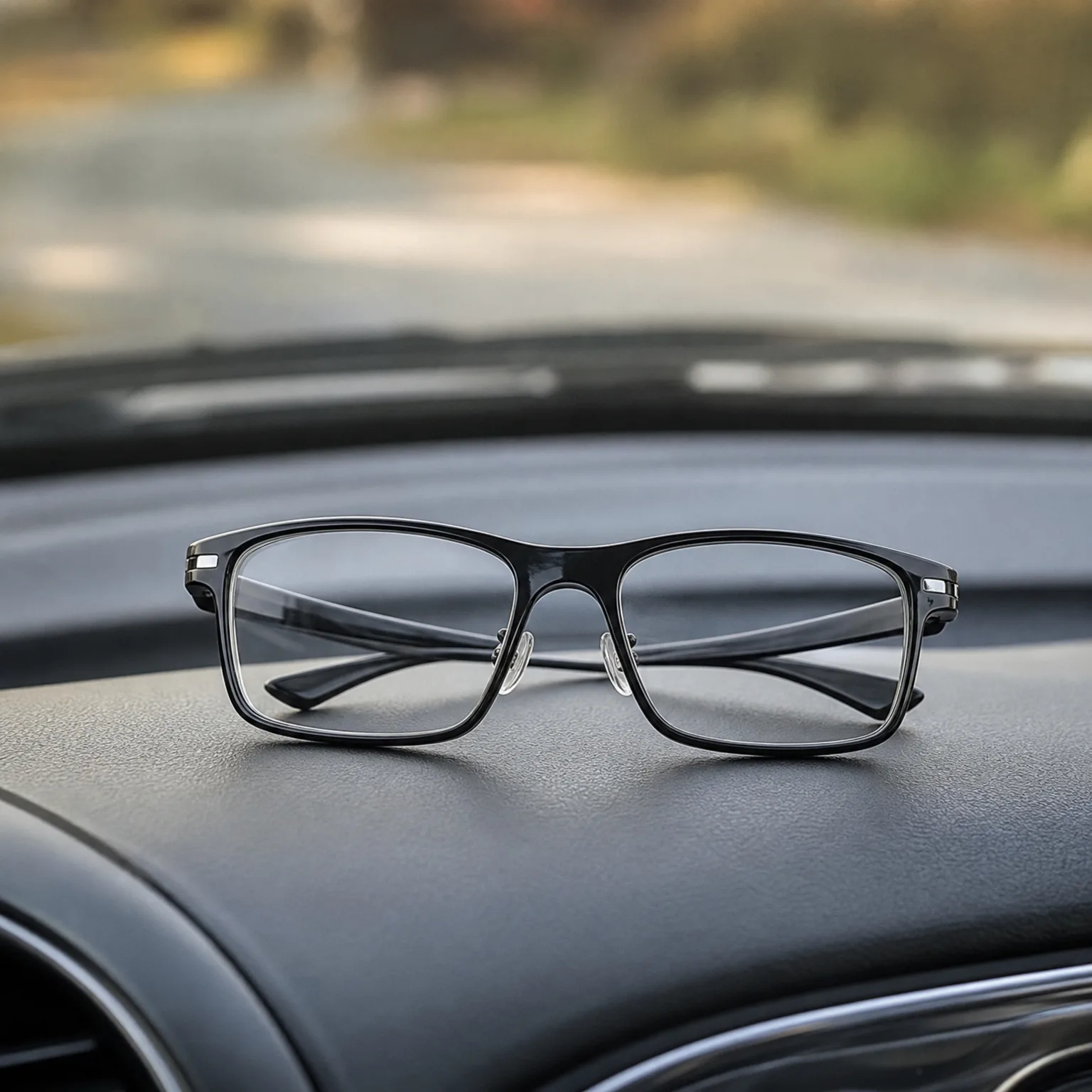 A pair of black-framed eyeglasses with folded temples resting on a dark car dashboard, with a blurred road and greenery visible through the windshield.