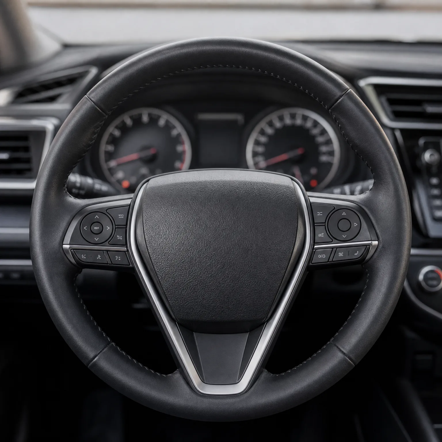 Close-up of a black leather steering wheel with multifunction buttons on both spokes, with the instrument cluster gauges visible behind it.