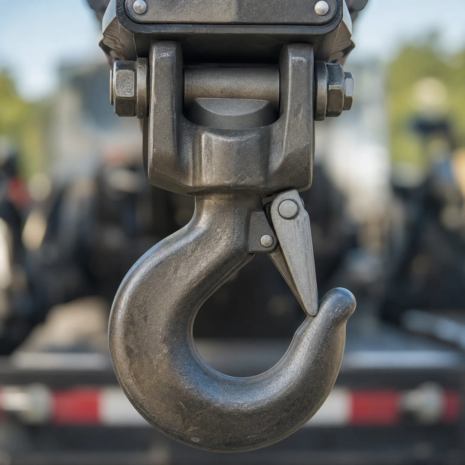 Close-up of a steel crane hook with a safety latch and bolted swivel block, against a blurred background of equipment and trees.