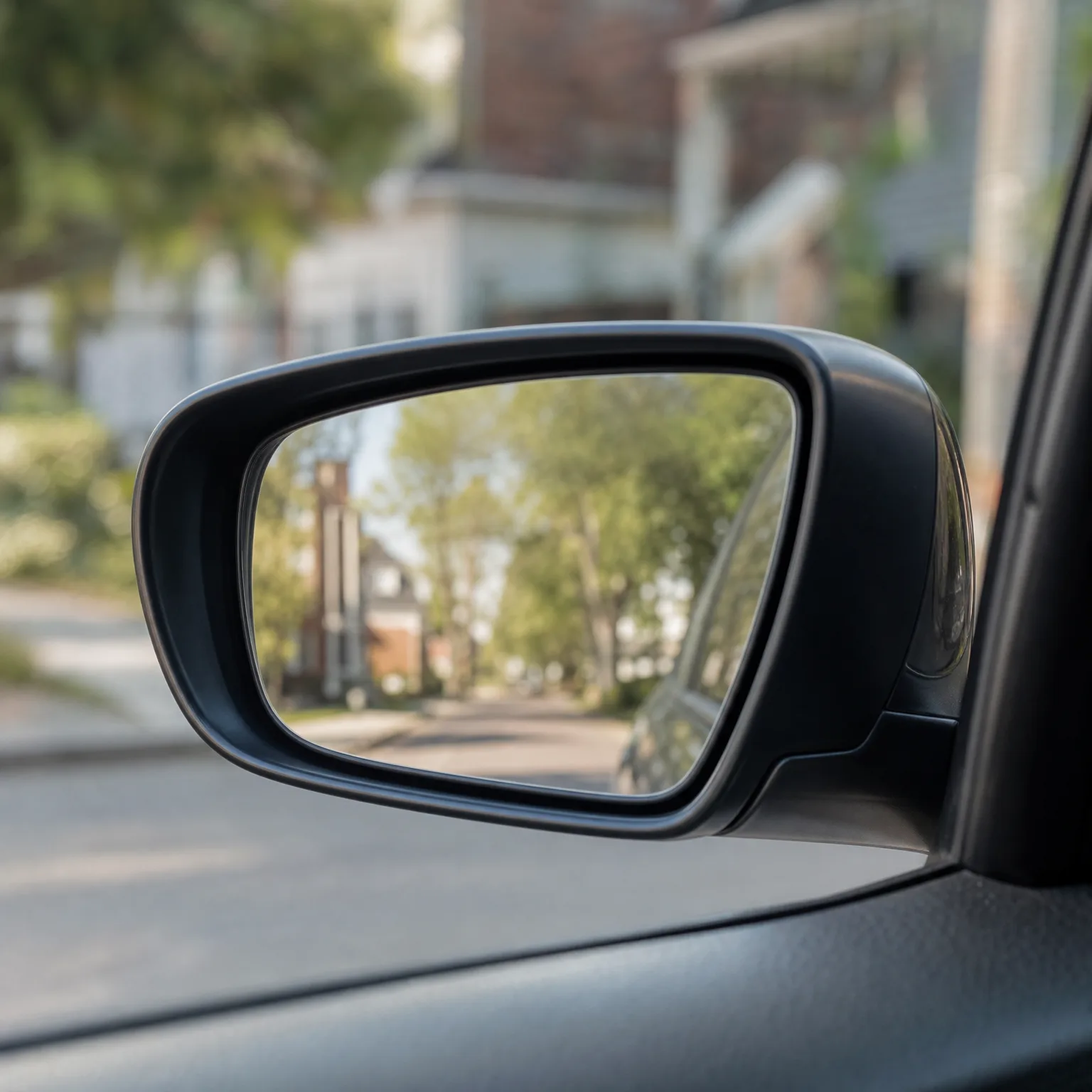 Close-up of a car's black side mirror seen from inside the vehicle, reflecting a tree-lined street with houses, with a blurred road and buildings in the background.