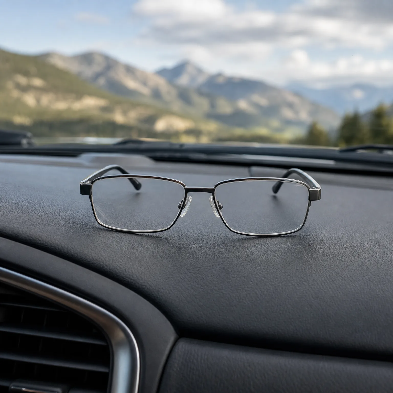A pair of thin metal-framed eyeglasses resting on a dark car dashboard, with blurred forested mountains and a partly cloudy sky seen through the windshield.
