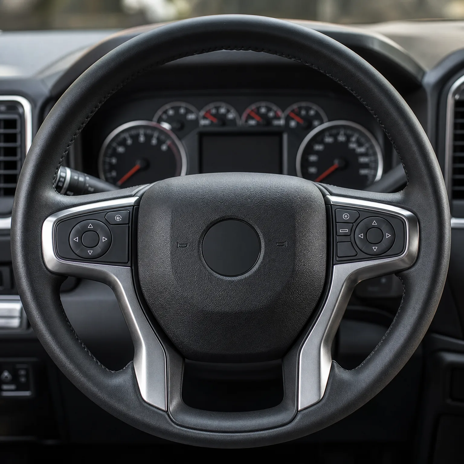 Close-up of a black four-spoke steering wheel with silver trim and control buttons on both spokes, in front of a dual-dial instrument cluster with a central display.
