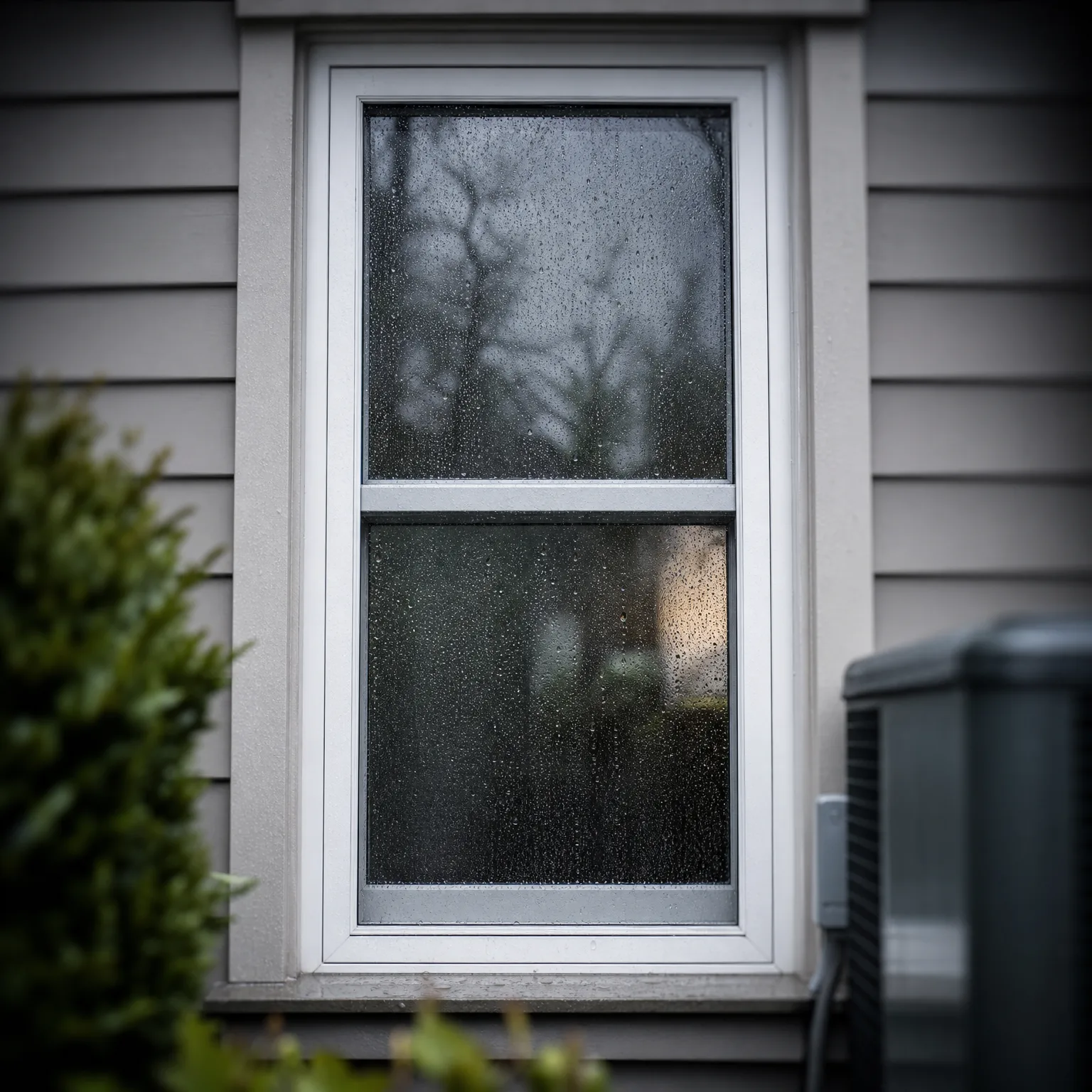 A white-framed double-hung window with water droplets and condensation on the glass, set in gray horizontal siding, with a green shrub at left and a dark outdoor HVAC unit at right.