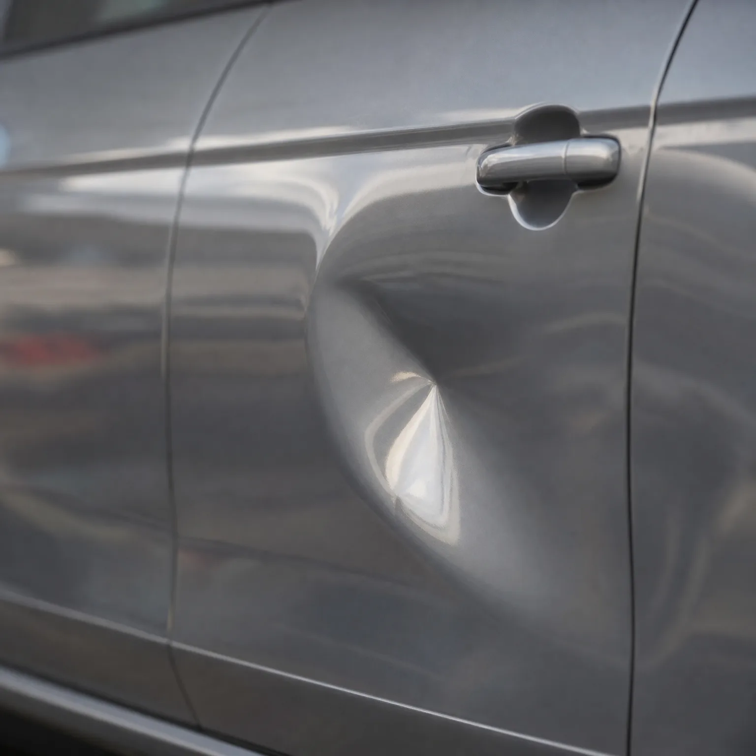 Close-up of a silver car's side door panel showing a dent and distorted reflections below the door handle.