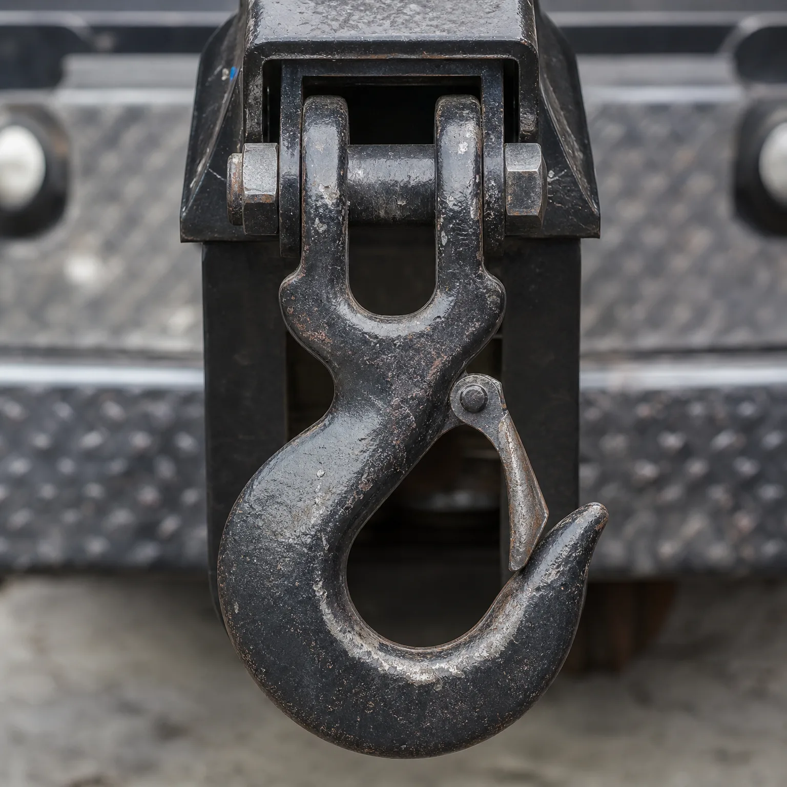Close-up of a black steel tow hook with a safety latch, shackled to a mount on a diamond-plate bumper.