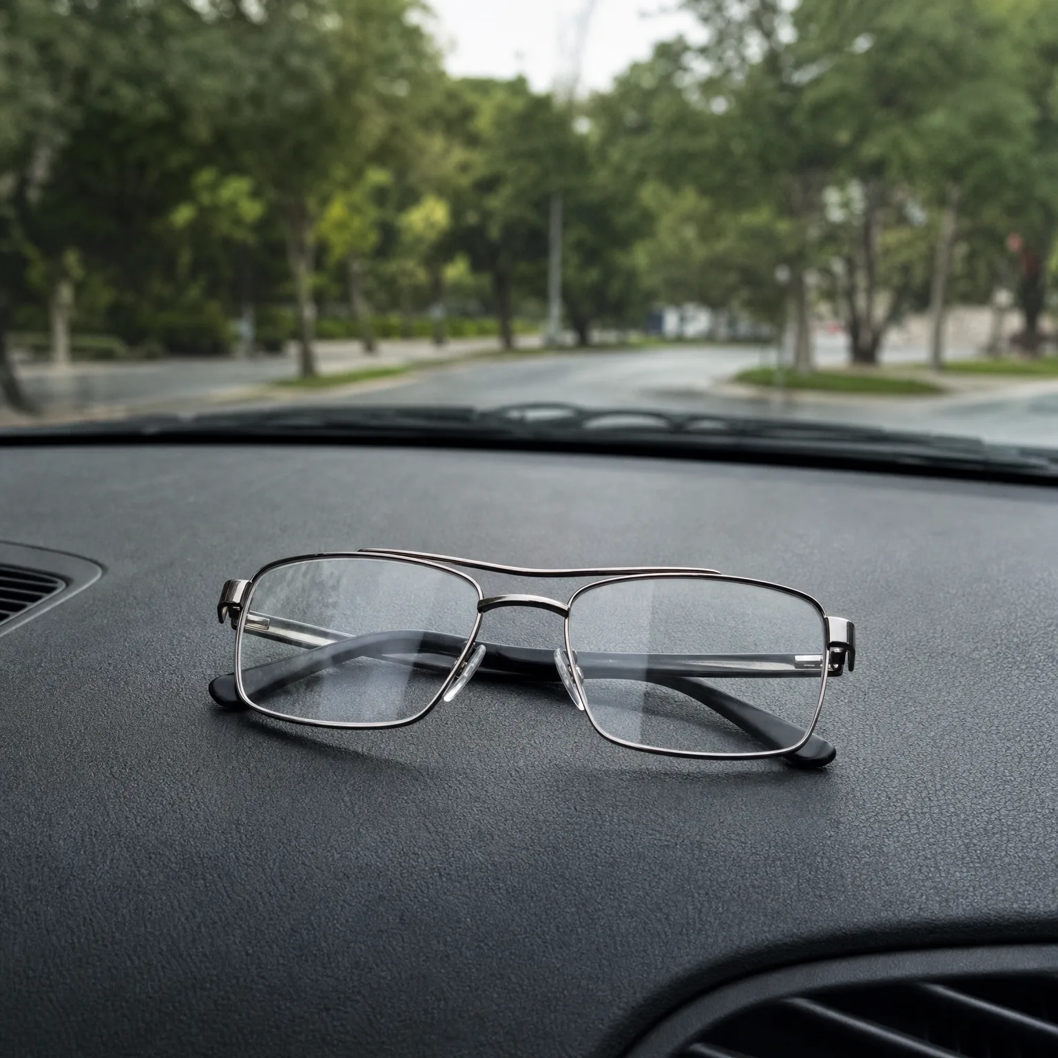 A pair of folded metal-rimmed eyeglasses rests on a dark car dashboard, with a blurred tree-lined road visible through the windshield.