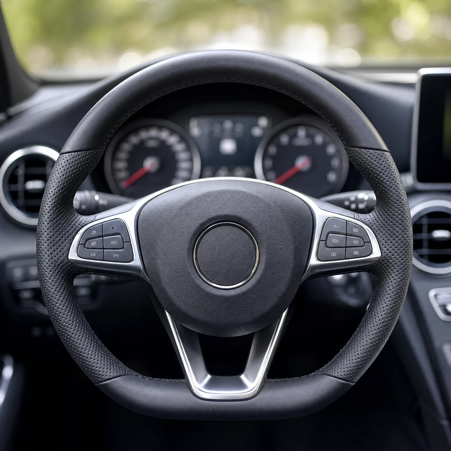 Close-up of a black leather three-spoke car steering wheel with silver-trimmed control buttons, in front of a dashboard with two round gauges and a central display, with blurred green trees visible through the windshield.