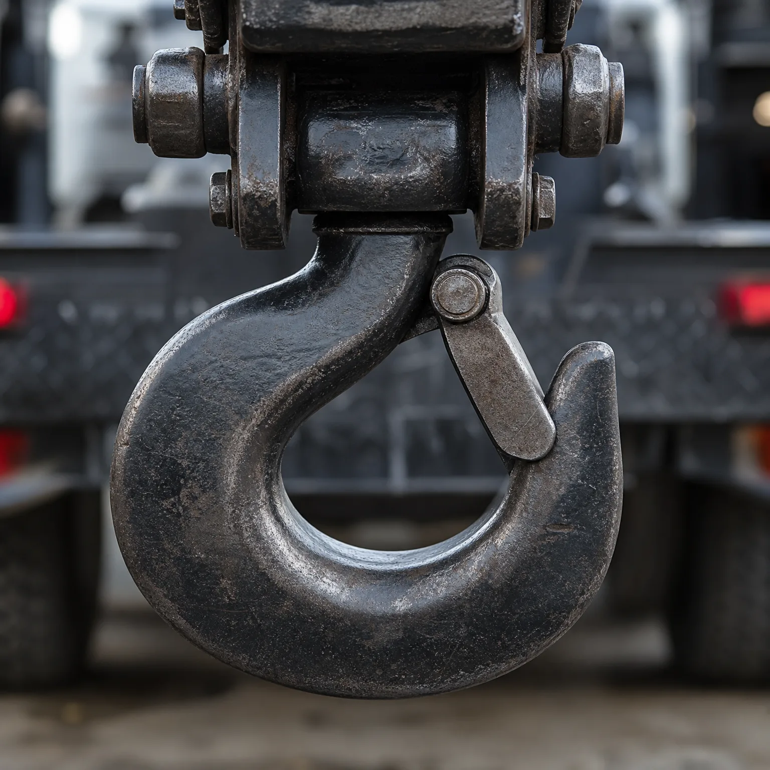Close-up of a large black steel lifting hook with a safety latch, hanging from a bolted fitting, with a blurred truck bed and red lights behind.