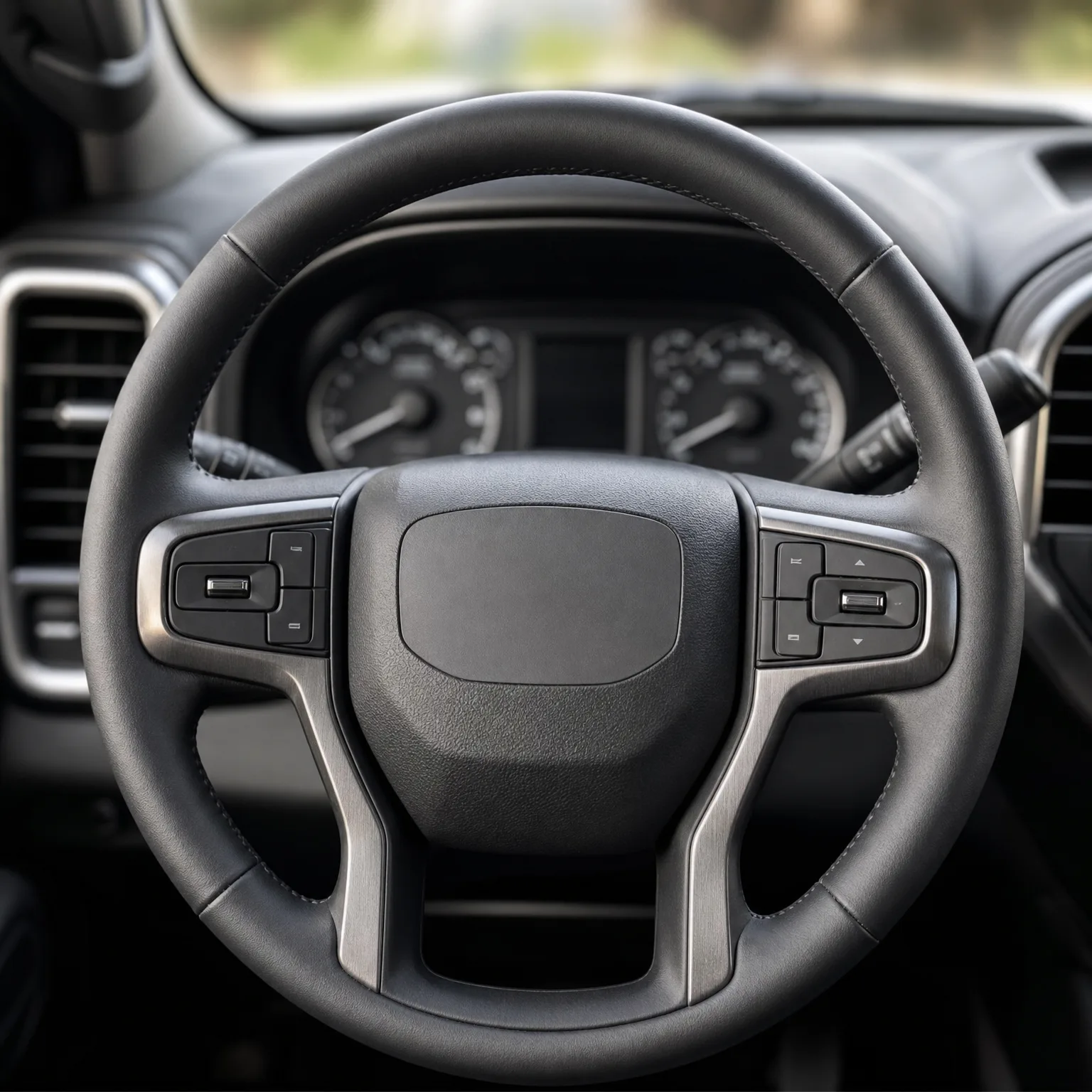 Close-up of a black steering wheel with silver trim and control buttons on both spokes, with blurred instrument gauges and dashboard vents behind it.